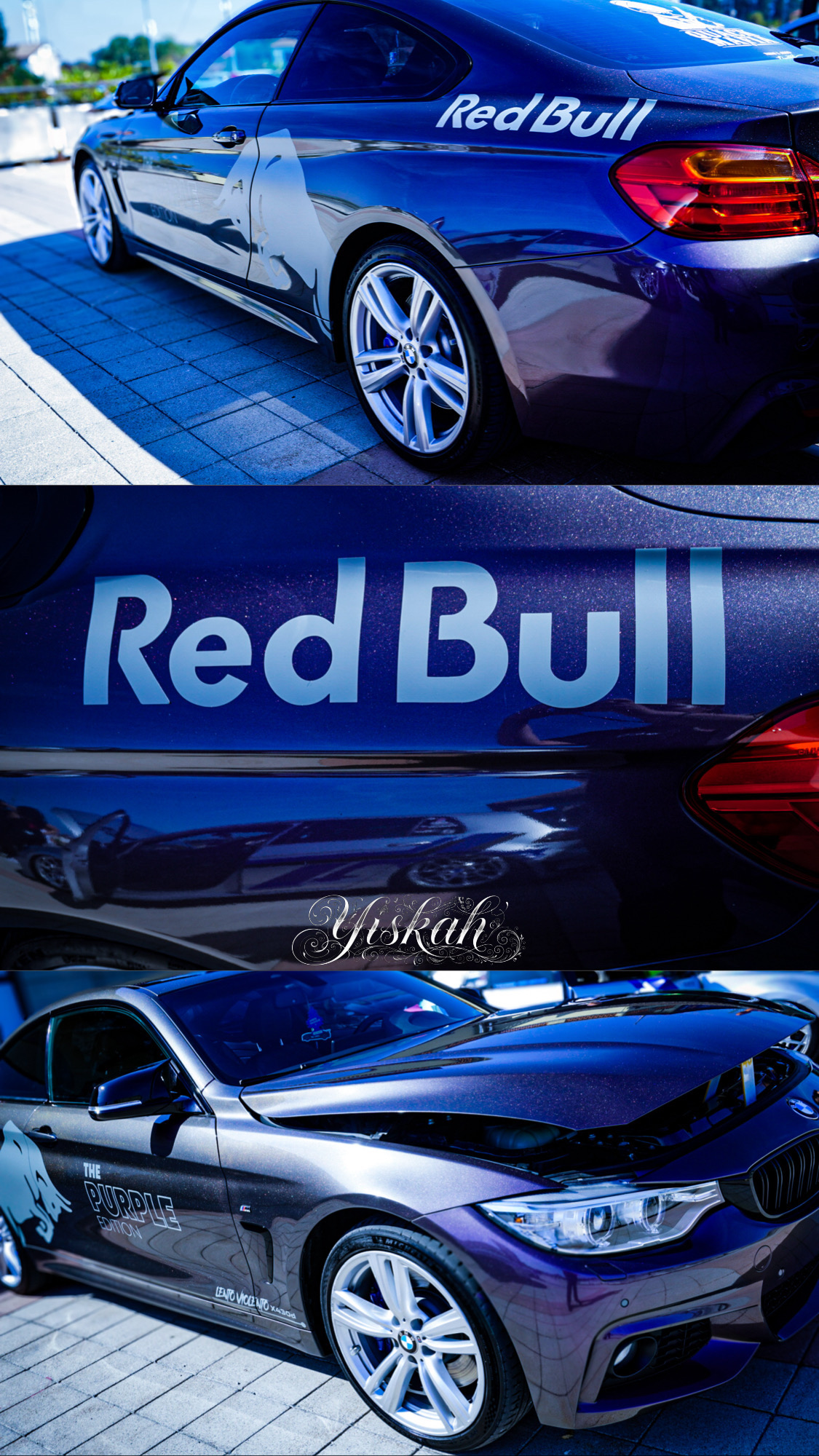 Collage Yiskah di una BMW blu con livrea Red Bull, vista posteriore, dettaglio e frontale