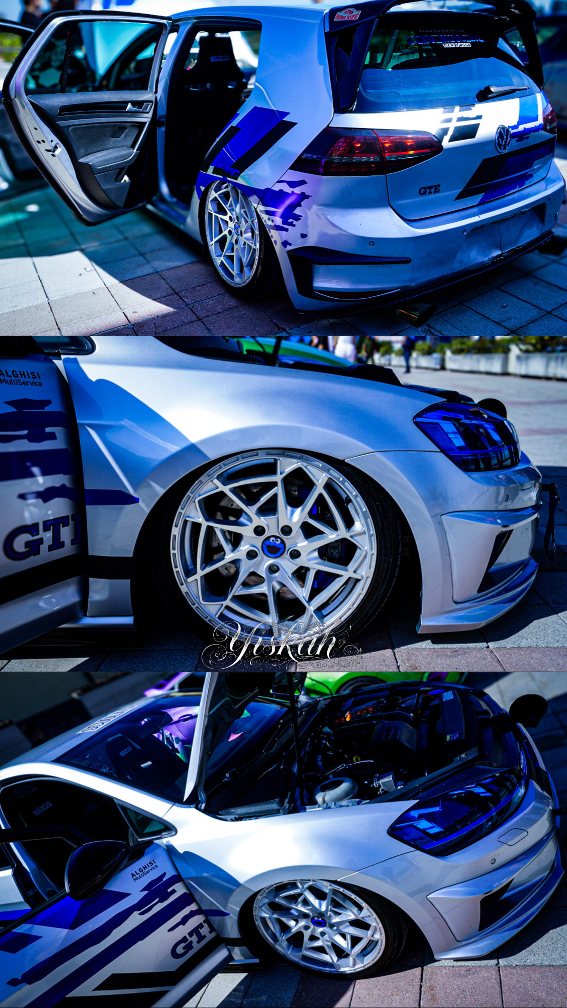 Volkswagen Golf argento e blu, dettaglio dei cerchi e vista anteriore in un collage Yiskah