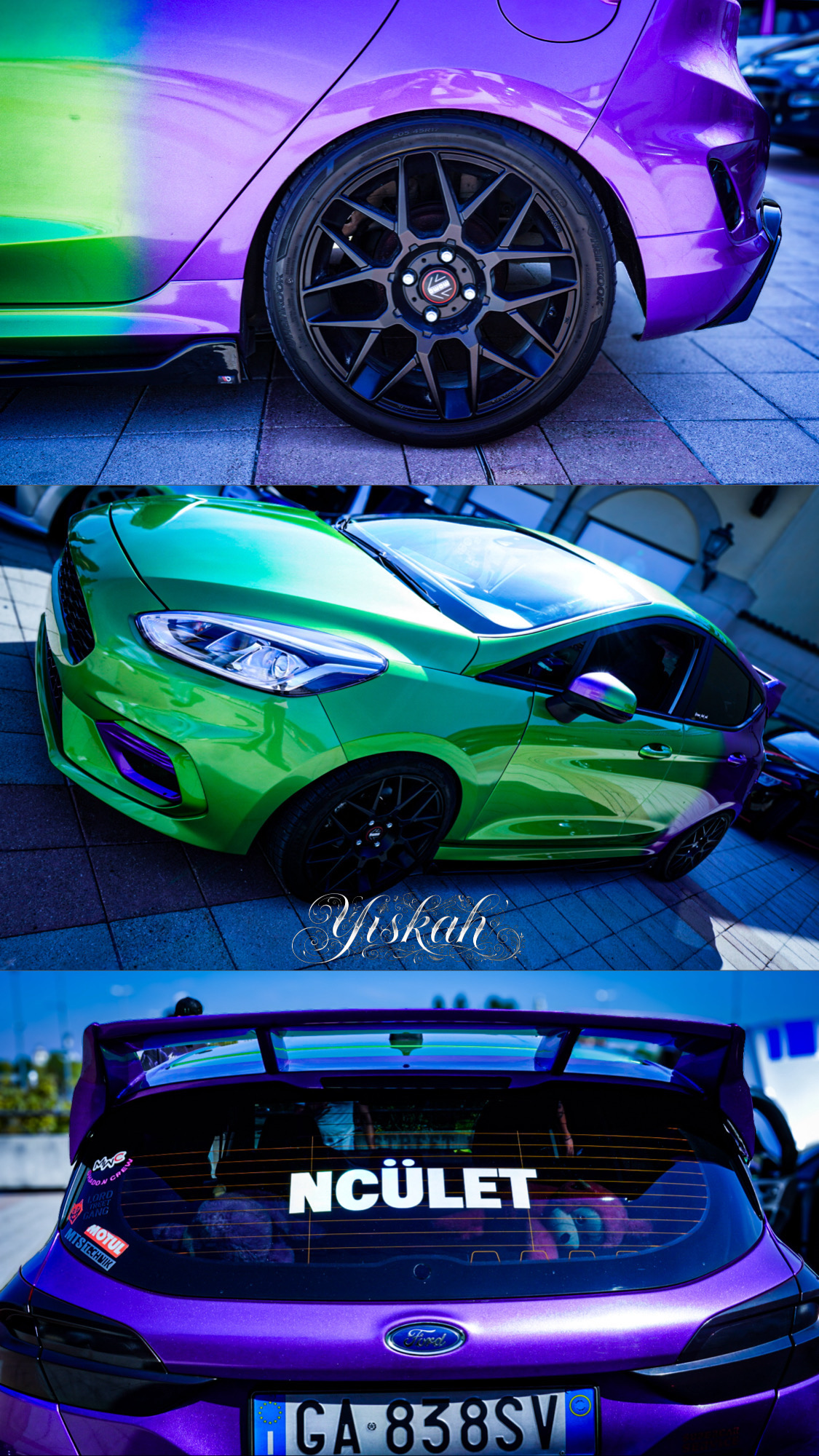 Ford Fiesta con carrozzeria verde e viola cangiante, cerchi neri e alettone, fotografata da Yiskah