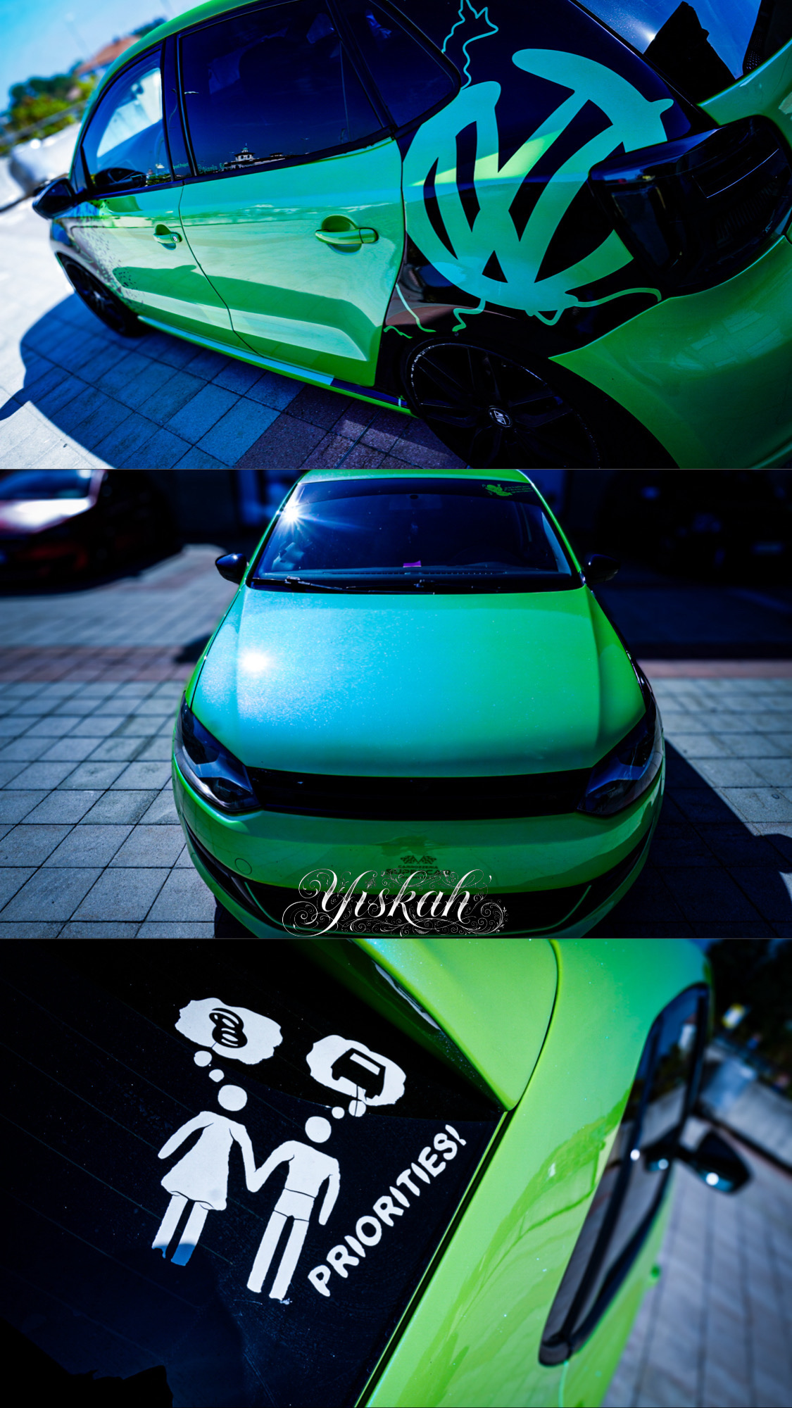 Volkswagen verde metallizzata con grafica laterale nera, vista frontale e dettagli fotografati da Yiskah
